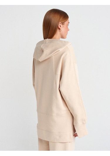 Dilvin 40403 Dikiş Esprili Yırtmaçlı Sweat- Açık Bej