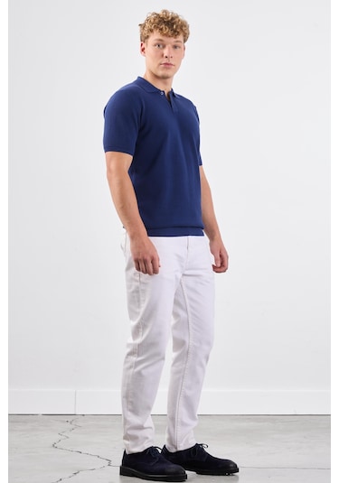 Dufy Lacivert Polo Düğme Yaka Düz Renk Slim Fit Erkek Triko Lacivert