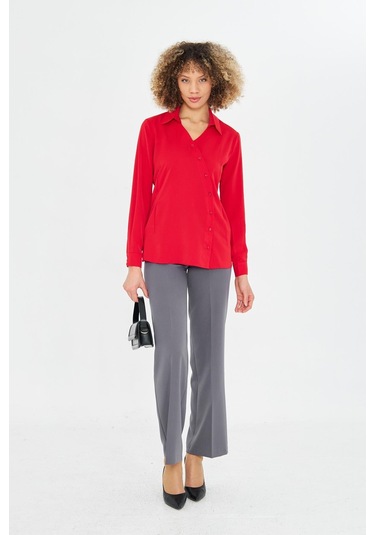 Asimetrik Pile Detay Gömlek Kırmızı Kırmızı