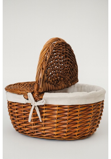 Krem Kumaş Detaylı Hasır Piknik Sepeti 40x30x19 Cm Kapaklı Termoform Sepet Brown