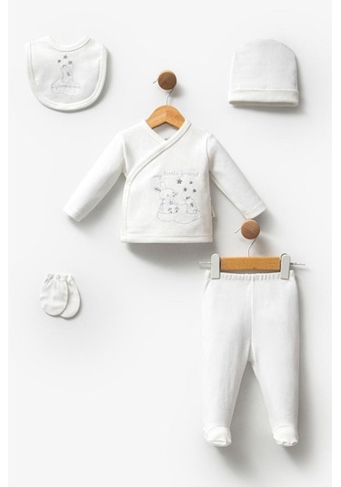 Bebitof %100 Pamuk Sevimli Buluttaki Tavşan Desenli 5 Parça Yenidoğan Hastane Çıkışı Zıbın Seti Bbtf.ekr.20227.03 Ekru