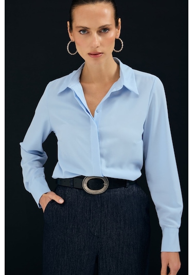 Sateen Klasik Düz Gömlek - Mavi-136996