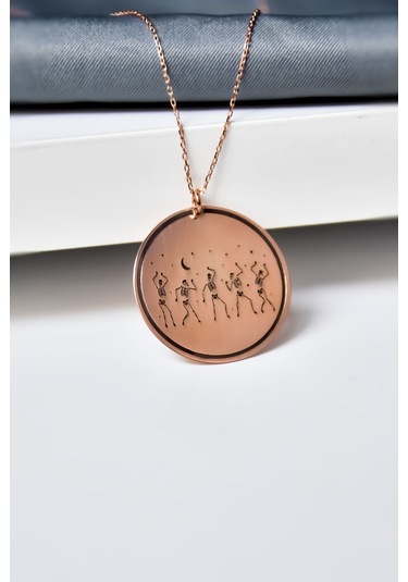 925 Ayar Gümüş Rose Kaplama Cadılar Bayramı, İskelet Dansı Çizimli Plaka Kolye