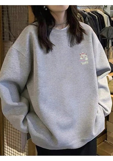 Karikatür Grafik Düşük Omuz Büyük Boy Sweat-trzksw2938 Gri