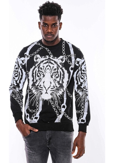 Wessi Siyah Taşlı Baskılı Bisiklet Yaka Sweatshirt Siyah