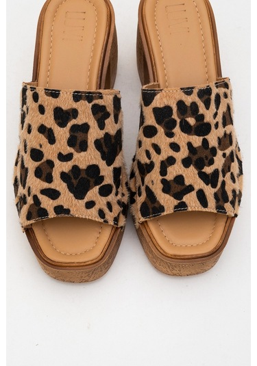 Pull Siyah Sarı Desenli Hakiki Deri Kadın Platform Topuklu Terlik Leopar