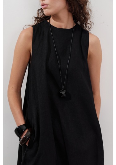 Keten Büzgülü Geniş Elbise Siyah Siyah