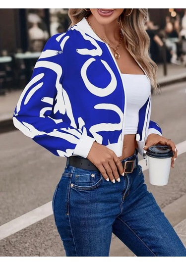 Kadın Uzun Kollu Önden Fermuarlı Kısa Şardonlu Dalgıç Ceket Saks Mavi