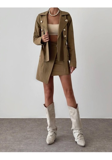 Kadın Düğme Detaylı Hardal Ceket Ve Etek Alt Üst Takım Hardal