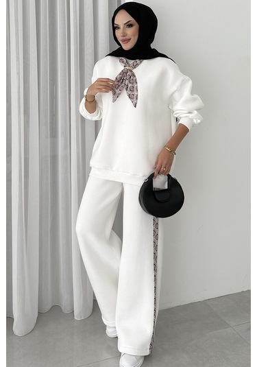 Fularlı Üç İplik İkili Takım 1654 - Beyaz Beyaz