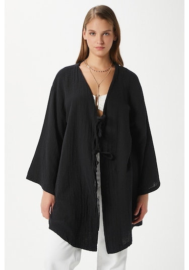 Ritnice Kadın Sandra %100 Pamuk Müslin Bağcıklı Siyah Kimono Siyah