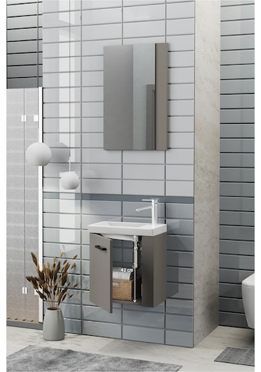Biani Minila 45 cm Banyo Dolabı,Seramik Lavabolu, Aynalı,Lavabo Dahil,Mdf,Latte Biani Minila 45 cm Banyo Dolabı,Seramik Lavabolu, Aynalı,Lavabo Dahil,Mdf,Latte