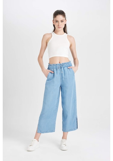 Defacto Culotte Yüksek Bel Kısa Geniş Paça Yırtmaçlı Jean Pantolon B5200AX24SMNM28 Mavi
