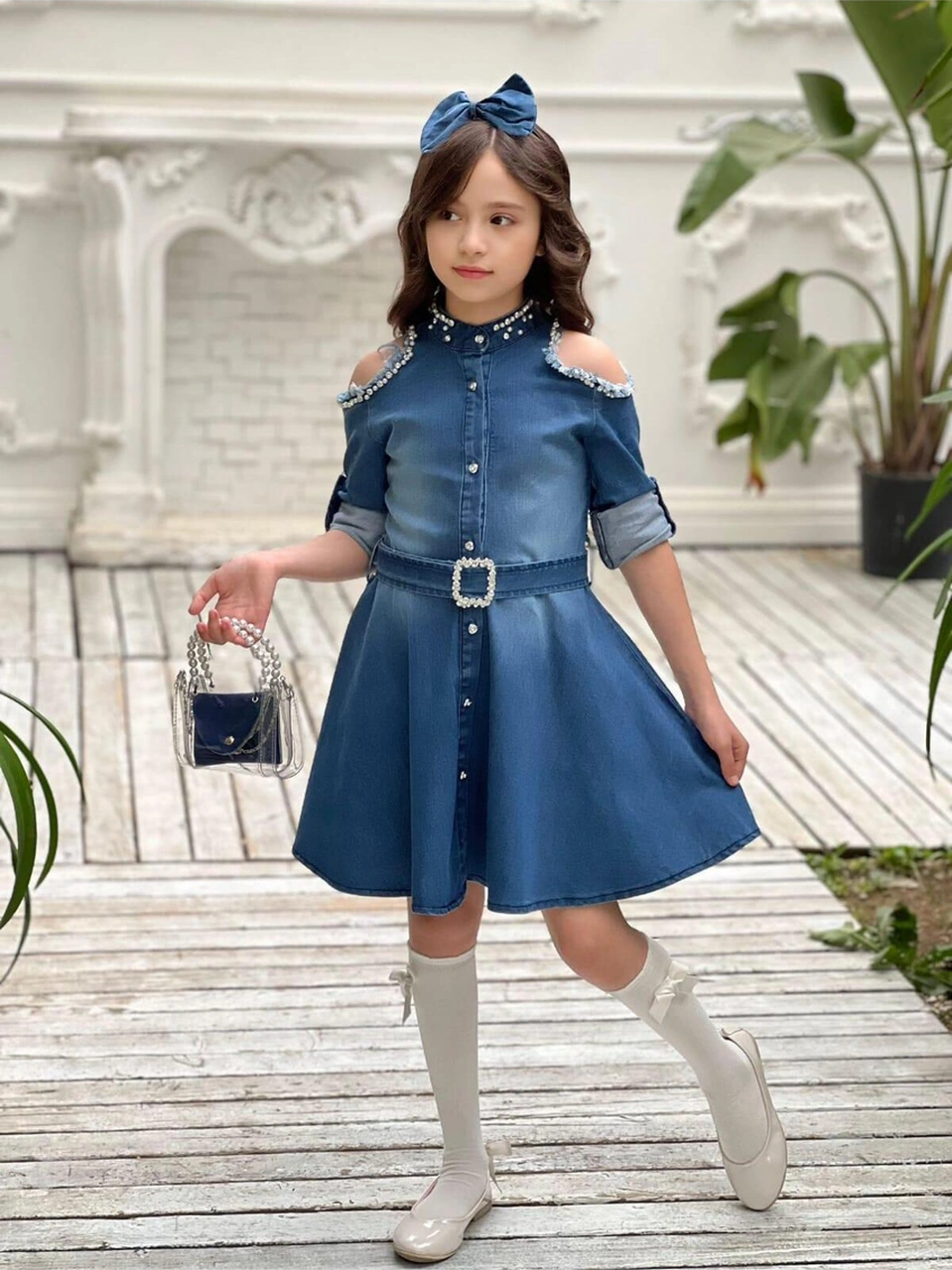 Çocuk Omuz Taşlı Püsküllü Kız Çocuk 5 Parça Kot Elbise Mavi