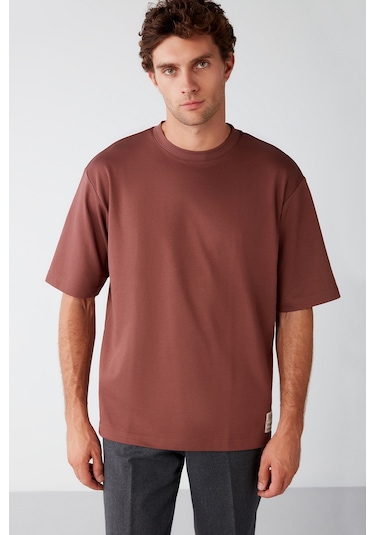 Joel Erkek %100 Organik Pamuklu Kalın Kumaşlı Özel Dokulu Etiket Detaylı Oversize Bordo T-shirt