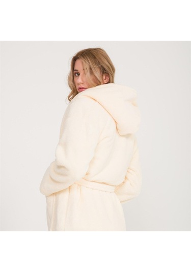 Uzun Welsoft Kapüşonlu Kadın Sabahlık Ekru