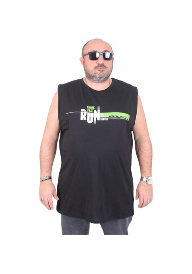 Starbattal Büyük Beden Baskılı Kolsuz Tişört Think Fast Run 25152 Sıyah Siyah