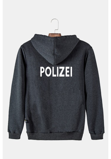 Unisex Füme Kapüşonlu Arkası Polizei Baskılı Slim Fit Kanguru Cepli Sweatshirt Füme