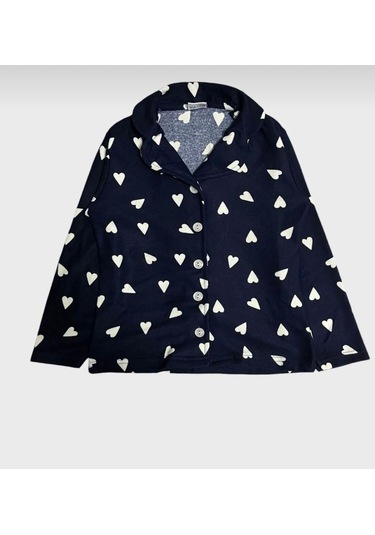 Miosse Kids Kız Çocuk Pamuklu Süet Lacivert Kalp Desenli Gömlek Yaka Boydan Düğmeli Uzun Kollu Pijama Takımı M6590 Lacivert