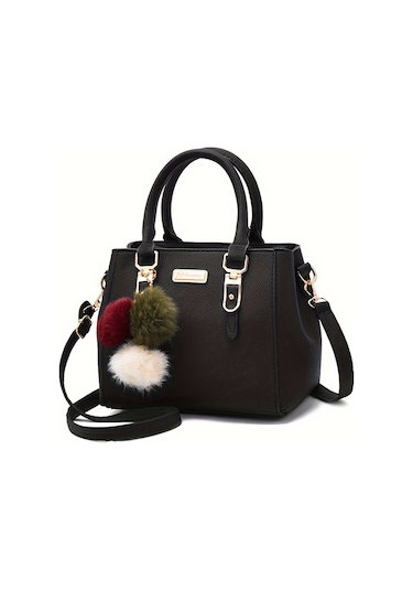 Kadınlar İçin Şık Küçük Çanta, Düz Renk Çapraz Çanta, Ponpon Topu Kolye İle Zarif Üst Sap Siyah