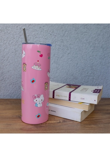 Hello Kitty Kapaklı -pipetli Paslanmaz Çelik Kupa-1957