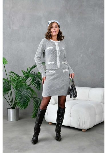 Kadın Düğme Detay Etekli İkili Triko Takım Taş