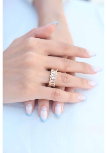 Zirkon Taşlı Baget Gold Renk Kadın Yüzük Altın