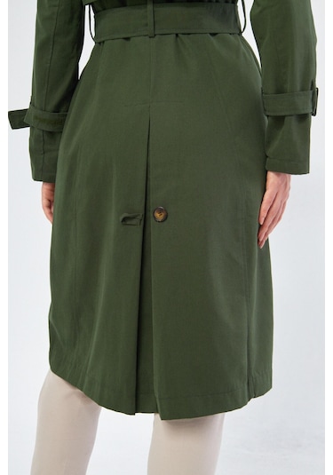 Pastelastore %100 Pamuk Gabardin Uzun 110cm Astarlı Kemerli Kadın Trençkot 1111 Koyu Haki