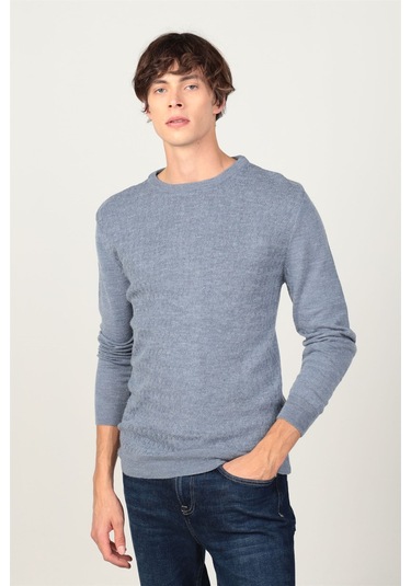 Tudors Slim Fit Dar Kesim Bisiklet Yaka Kendinden Desenli Erkek Kazak-25775 İndigo