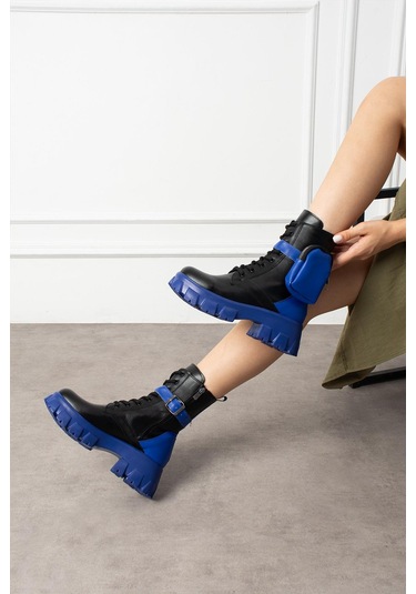 Shoetek Lorbi Kadın Bot Çantalı Postal Lacivert Tabanlı Siyah Deri Lacivert