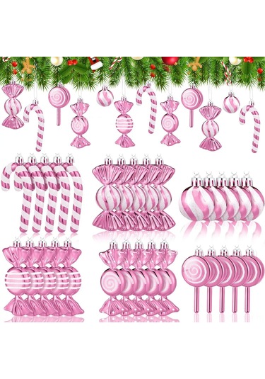 Geeksen 30 Parça Plastik Noel Şeker Süs Seti Pembe-beyaz: Nane Şekeri, Asa Şekeri, Çubuk Şeker Figürleri