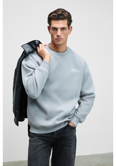 Ernest Erkek Organik Pamuklu Yumuşacık Baskı Detaylı Bisiklet Yaka İçi Polarlı Açık Gri Sweatshirt