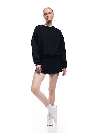 Koton Pamuklu Bisiklet Yaka Şardonlu Sweatshirt Siyah 6wal10309ık Siyah