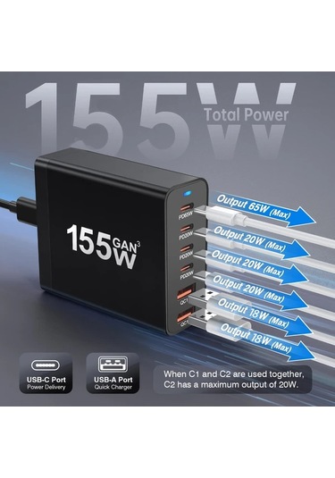 Motion003 155w 6 Portlu Masaüstü Şarj Cihazı Usb C 65w Ve Usb A 18w Hızlı Şarj Beyaz Avrupa Fişli Adaptör Dizüstü Bilgisayar İphone Uyumlu İçin