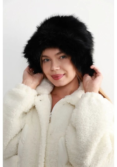 Kadın Kürklü Bucket Kalpak Şapka Rkş-15 Siyah Siyah