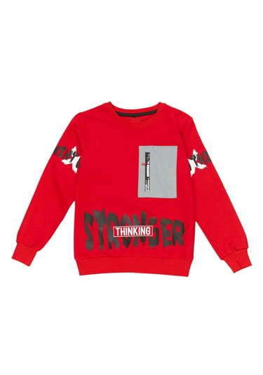 Erkek Çocuk Önü Arkası Stronger Yazı Desenli Fermuar Cepli Kırmızı Sweatshirt Kırmızı