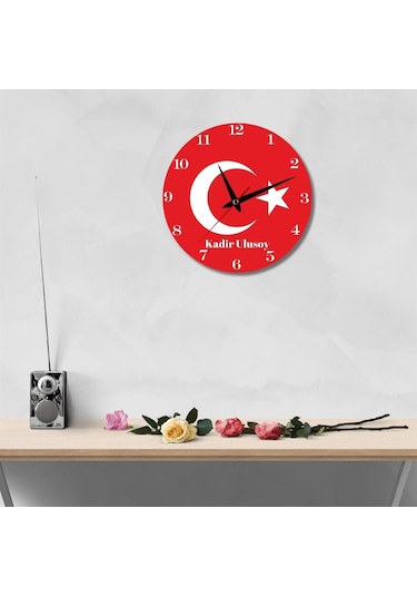 Bayrak Tasarımlı Kişiye Özel Temalı Cam Duvar Saati 293214 Kırmızı - Beyaz