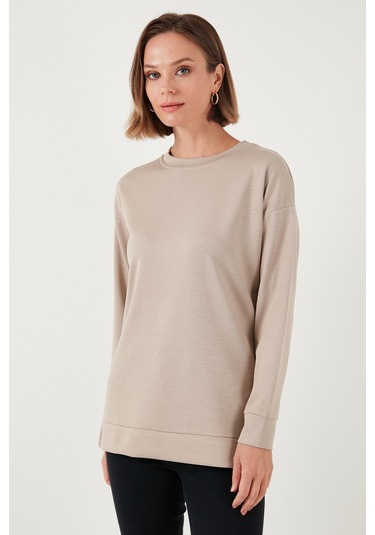 Lela Streç Oversize Fit Bisiklet Yaka Modal Kumaş Bayan Sweat 5865877 Taş
