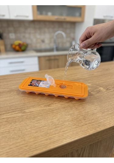 House More Kapaklı Buz Kalıbı - Silikon Tabanlı Kolay Çıkarılabilir Hazneli 4 Renk Seçenekli Turuncu