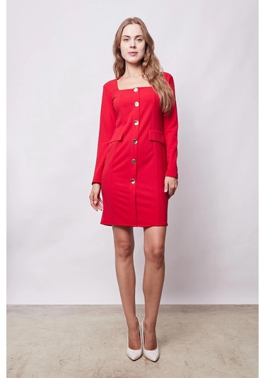 Kadın Likralı Krep Kumaş Kare Yaka Uzun Kol Önü Düğmeli Ofis Ceket Elbise-kırmızı Kırmızı