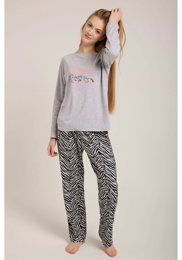 Gri Zebra Club Baskılı Kadın Pijama Takımı Gri