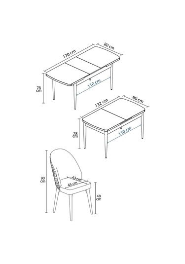 Mura Beyaz Mermer 80x132 Açılabilir Mdf Masa Yemek Odası Takımı, Mutfak Takımı 4 Adet Sandalye Gri