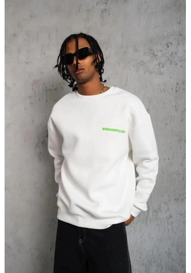 Erkek Oversize Sweatshirt Beyaz Renk Ön Ve Sırt Baskılı, Üç İplik İçi Pamuklu Kumaş, Rahat Kalıp, Ribanalı Kışlık Sweat Winagain Polizei Serisi - Beyaz Beyaz
