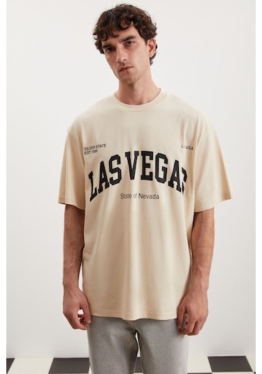 GRIMELANGE Norıs Erkek Regular Fit %100 Pamuk Baskılı Bej T-shirt Bej