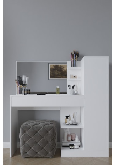 Orkide Makyaj Masası, 1 Çekmeceli, Dolaplı, Aynalı Beyaz