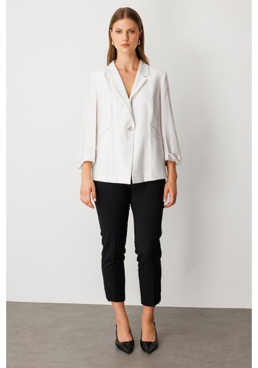 Ekol Şerit Taş Detaylı Duble Kol Ceket Ekru