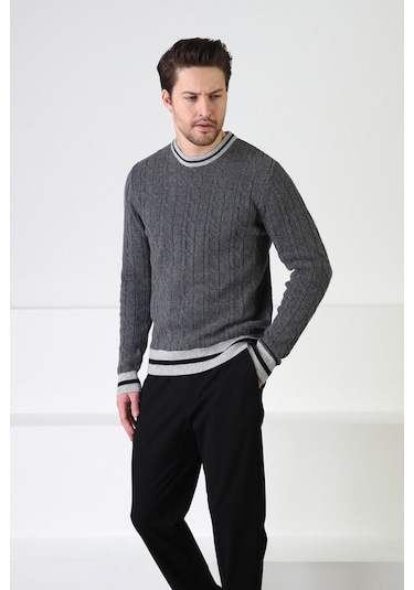 Ferraro Füme/A.Gri Bisiklet Yaka %100 Kuzu Yünü Erkek Kazak Füme Gri Füme