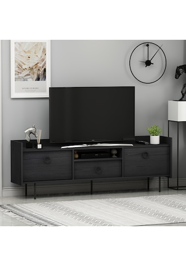 T0015 Lidya Kapaklı, Açık Raflı Tv Sehpası - Ahşap Siyah Ahşap Siyah