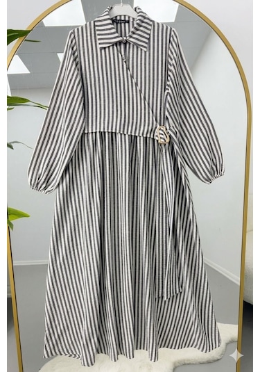 Lovie Moda Gold Toka Detaylı Çizgili Elbise Siyah