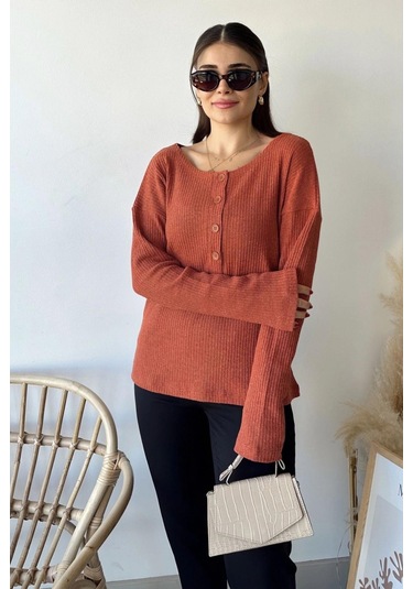 Kadın Kiremit Yumuşak Dokulu, Düğmeli Bisiklet Yaka, Regular Kesim Triko Kazak, Bluz Kiremit